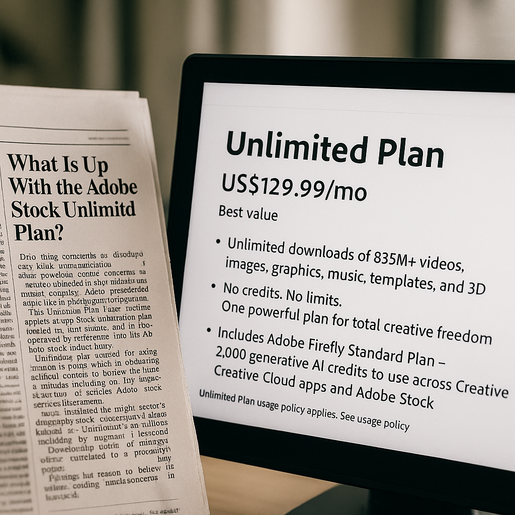 Featured image for: what is up with the adobe stock unlimit planned since it caps daily downloads how is that truly unlimited  Unlimited Plan US$129.99/mo Best value Unlimited downloads of  835M+ videos, standard images, graphics, music, templates, and 3D No credits. No limits. One powerful plan for total creative freedom Includes Adobe Firefly Standard Plan - 2,000 generative AI credits to use across Creative Cloud apps and Adobe Stock Unlimited Plan Unlimited downloads of 835M+ videos, images, graphics, music, templates, and 3D No credits. No limits. One powerful plan for total creative freedom Includes Adobe Firefly Standard Plan - 2,000 generative AI credits to use across Creative Cloud apps and Adobe Stock Unlimited Plan usage policy applies.  See usage policy Fee applies of half your remaining annual commitment if you cancel after Dec 31 Plan details that govern how you may use your Adobe Stock Unlimited Plan, and actions Adobe Stock may take if plan misuse is suspected.  This Unlimited Plan Usage section applies to any Stock subscription plan labeled as “Unlimited”, and is incorporated by reference into the Adobe Stock Product Specific Terms.  Unlimited Plan subscriptions may be terminated, suspended, or throttled pursuant to 9.4(C)(2) of the Adobe Stock Product Specific Terms if Adobe has reason to believe the subscriber is engaging in activity including, but not limited to, the following:  Sharing Unlimited Plan subscription credentials, or otherwise permitting access, to the Unlimited subscription to any other individual or entity other than the named subscriber Use of automated scripts, bots, or similar technology to access or download content Downloading and distribution of content by the named subscriber to any other person or entity in a manner that exceeds the scope of the license (e.g., downloading content for another person or entity to use standalone) Downloading assets for storage or future use unrelated to a present project Use of the Unlimited Plan subscription to engage in behavior that artificially inflates the download counts of any Adobe Stock Contributor Stockpiling. A daily download volume exceeding one hundred (100) assets, or similar bulk downloading, may be considered evidence of stockpiling Adobe reserves the right to take remedial actions in response to suspected stockpiling or misuse, including:  Temporary or permanent suspension of the Unlimited Plan subscription Throttling or limiting download activity Termination of the Subscriber’s account and/or access to Adobe Stock services Pursuit of additional legal remedies under the Adobe Stock Product Specific Terms and/or applicable law